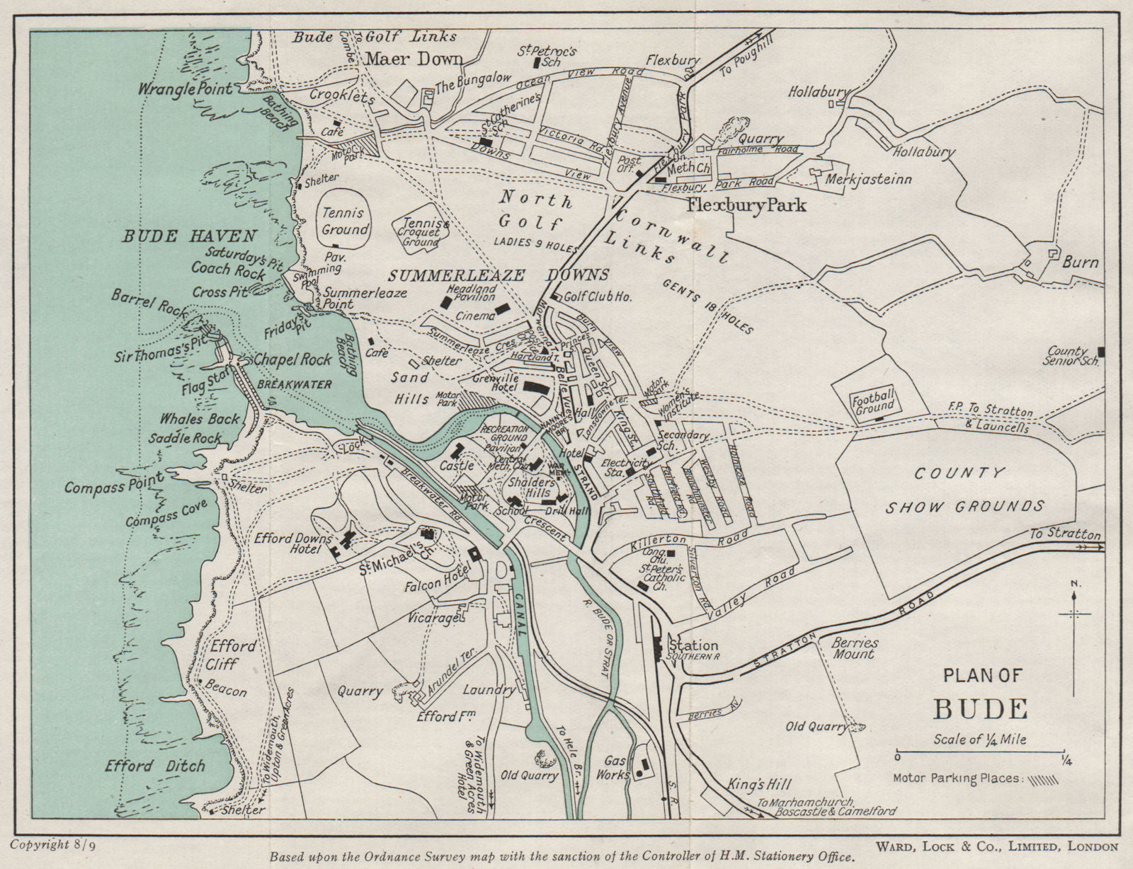 BUDE vintage town/city plan. Cornwall. WARD LOCK 1948 old vintage map chart